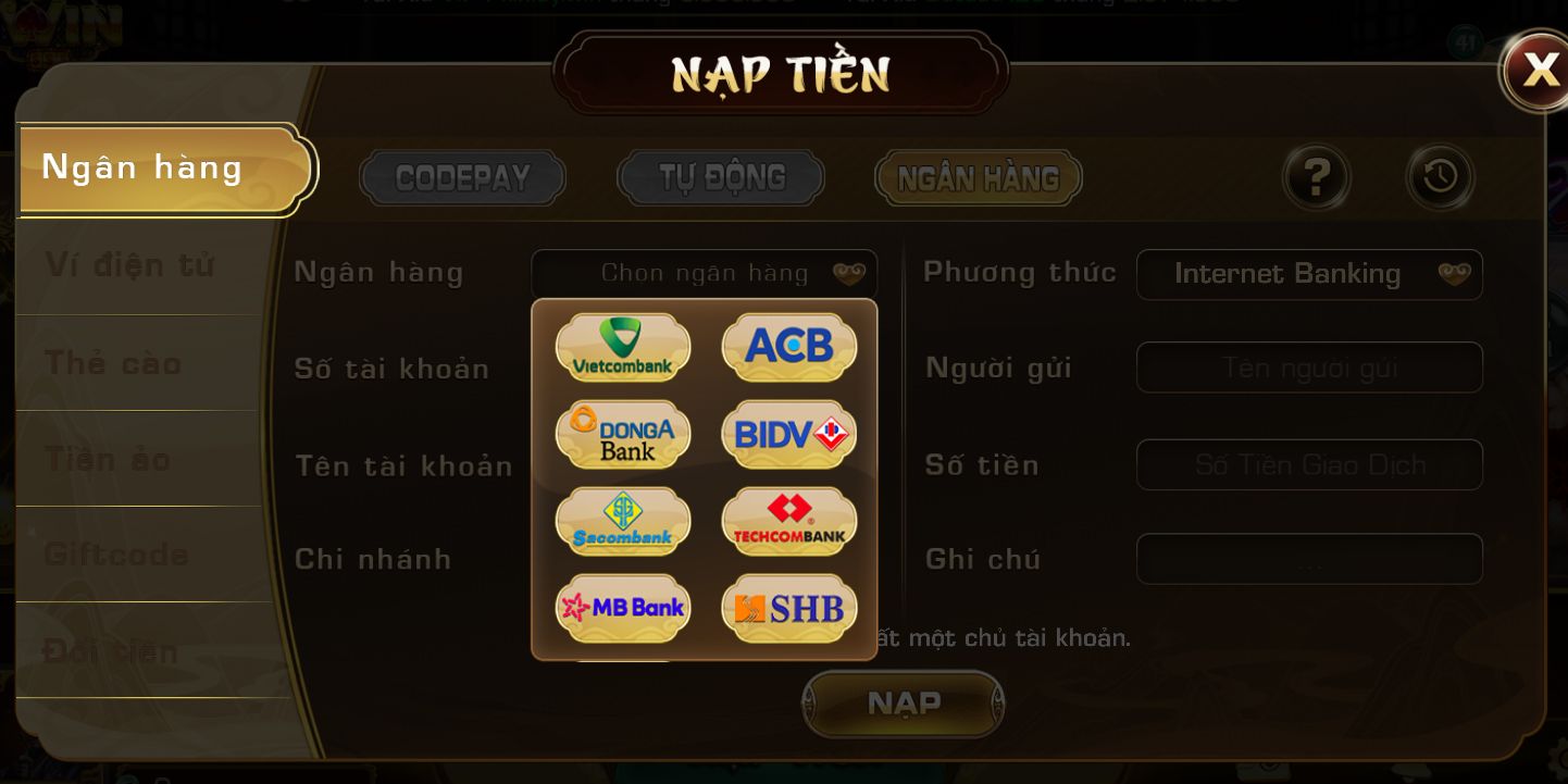 Nap tien vao iwin club thong qua giao dich ngan hang