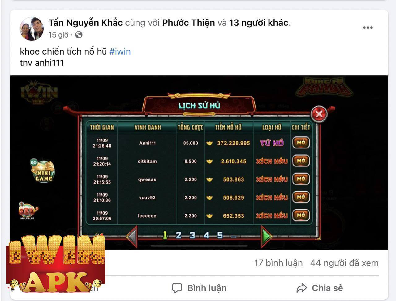 Hình ảnh nổ hủ iwin số tiền 372.228.995 