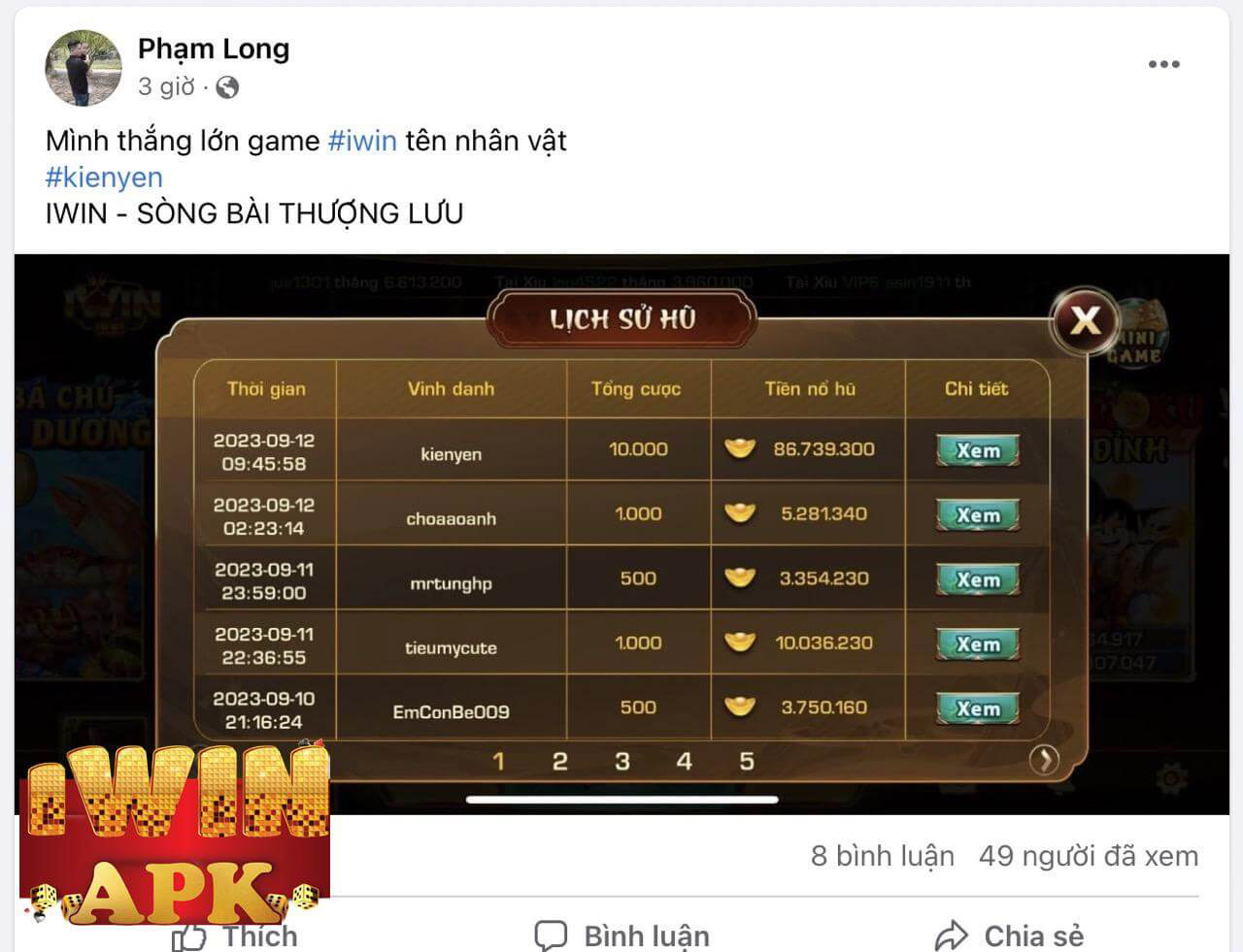 Hình ảnh nổ hủ iwin số tiền 86.739.300